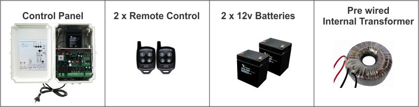 Control Box Kit Suitable for DC Powered Single & Double APC Gate Systems, Supplied with APC Control Box, 24V DC Control Board, Built in Transformer, 2 x 12V 5Ah Back-Up Batteries & 2 Remote Controls